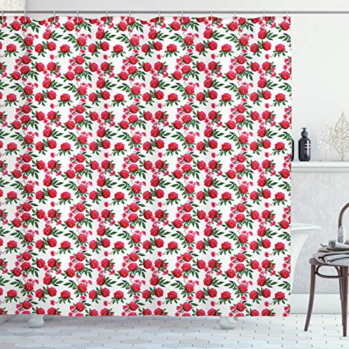 ABAKUHAUS Blumen Duschvorhang, Aquarell Wild Roses Kunst, Stoffliches Gewebe Badezimmerdekorationsset mit Haken, 175 x 200 cm, Dunkle Koralle Jadegrün