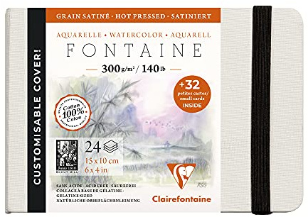 Clairefontaine 975440C - Skizzenbuch mit Fadenbindung Fontaine mit 24 Blatt weißes Zeichenpapier, glänzend, 10x15 cm 300g + 32 Visitenkarten mikroperforiert