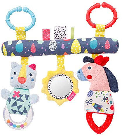 Fehn 055337 Activity-Trapez COLOR Friends - Stoff-Lernspielzeug mit Tier-Anhängern zum Greifen, Fühlen, Spielen – fördert Greifsinn & Motorik – für zuhause und unterwegs für Babys ab der Geburt