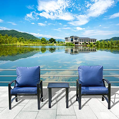 LOKATSE HOME 3-teiliges Terrassengespräch Outdoor-Möbel, modernes Bistro-Set aus Metall, zwei Stühle mit Kissen und Beistelltisch, Blau