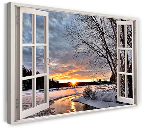 Bilder Fensterblick 80x60cm Baumwoll-Leinwand auf Keilrahmen mit Aufhänger moderner Kunstdruck XXL Wandbilder Wand-Dekoration Fluss Winter Landschaft Sonnenuntergang Natur - Natur-Fotografie