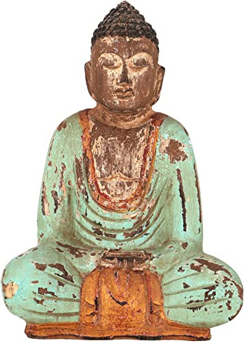 GURU SHOP Buddha in legno seduto, statua di Buddha, fatto a mano, 21 cm, verde antico, modello 16, Buddha