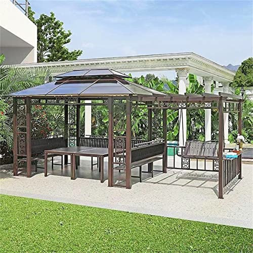 HJDSUDU Hardtop-Pavillon, Doppeldach, Permanenter Outdoor-Pavillon, Pergola-Partyzelt Mit Tisch Und Stühlen, wasserdichte Und Sonnenschutz-PC-Platte, Für Terrasse, Rasen, Garten, Pool,C