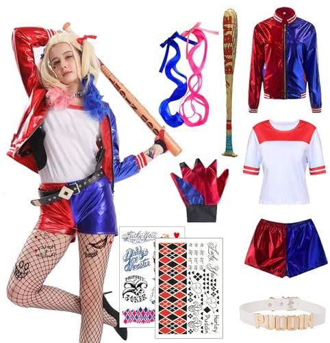 Ansamy Disfraz de Quinn para Niñas Mujer, Disfraz de Suicide Squad Escuadrón Cosplay Set - Camiseta Pantalones Chaqueta Guante, para Fiesta Halloween Carnaval