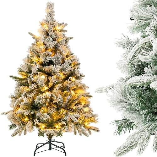COSTWAY Árbol de Navidad Nevado 136cm Con Luces Incorporadas, 150 Luces Blancas Cálidas, 384 Ramas PE y PVC, Agujas de Pino, Para Hogar Oficina Tienda