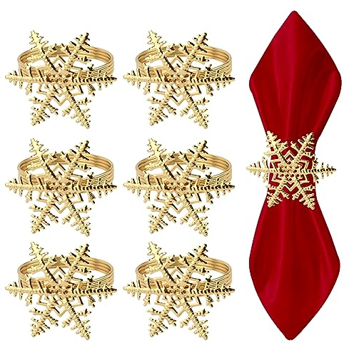 6 Anillos de Servilleta de Navidad Oro Servilletero Navidad Aro de Servilleta Hebilla, Servilleteros de Navidad Vintage Exquisito Copos de Nieve para Invierno Fiesta Cena Mesa