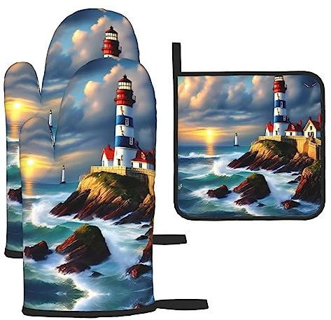 Lighthouse Diamond Paint Print Oven Mitts and Pot Holders Sets of 4,Resistant Hot Pads with Non-Slip Gloves for Kitchen,Cooking
