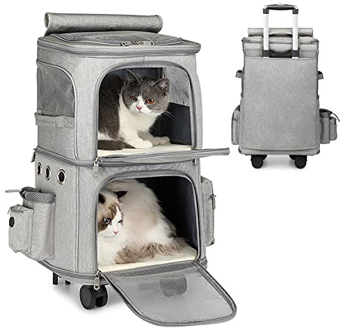 OPETDO Doppelter Rucksack 2 in 1 für kleine Katzen und Hunde, Rucksack mit Rädern, Tragbare Haustier-Transporttasche, Einzigartiges und praktisches Design, Ideal für Reise/Wandern/Camping, Grau