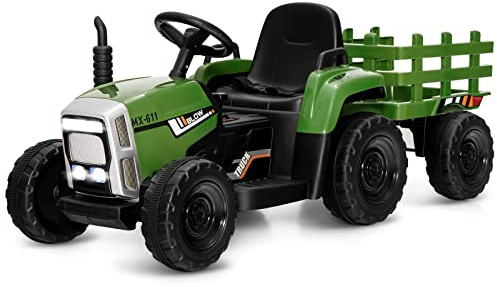 DREAMADE Traktor mit Abnehmbarem Anhänger, Elektrotraktor mit LED-Licht & Musik & Fernbedienung, Kindertraktor mit max. Tragfähigkeit von 30 kg, Aufsitztraktor für Kinder ab 3 Jahren (Dunkelgrün)