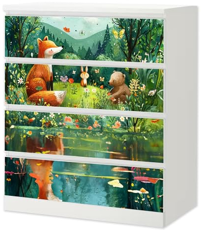 Möbelfolie Waldtiere See passend für Ikea Malm Kommode 4 Schubladen Deko