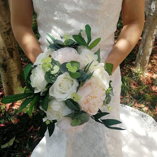 Brautstrauß aus Elfenbein und Eukalyptus, rosa Pfingstrosen-Hochzeitsblumen aus Seide, Seidenstrauß, Brautaccessoire (Elfenbein)