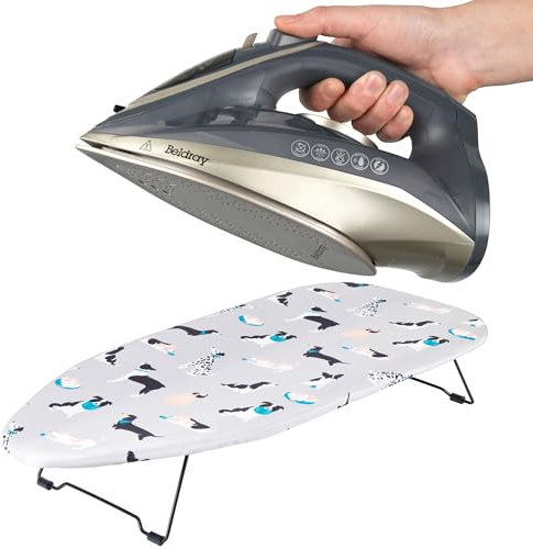 Beldray COMBO-9210 Iron & Ironing Board Set – Titanium 2-in-1 Cordless Steam Iron, Ceramic Soleplate, 140g/min Steam Shot, 230ml, Small Tabletop Ironing Table, Lightweight, 73 x 31 cm, Dog Print Cover