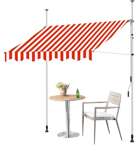 Markise, Klemmmarkise, Balkon Markise Ohne Bohren, Handkurbel Klemmarkisse, Sonnenschutz Balkon, Höhenverstellbar, UV-beständig und Wasserdicht für Terrasse Balkon (Color : Rot+Weiß, Size : 350cm)