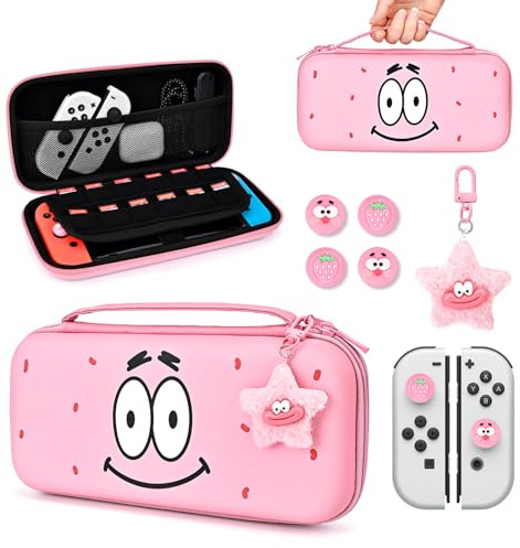 DLseego Étui pour Switch et Switch OLED Pochette Housse Coque avec 12 Emplacement pour Carte en Matériau Durable Anti Protection et 4 poignées de Pouce Switch ,1 Pendentif, Rose