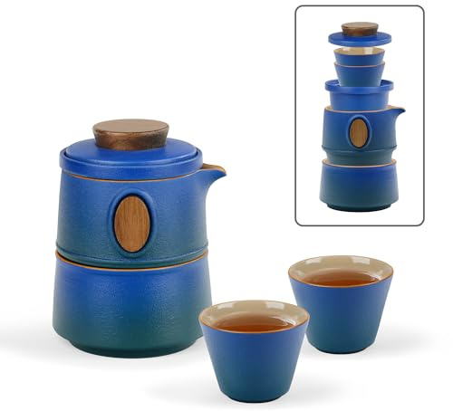 fanquare Tragbares Reiseteeservice mit Etui Porzellan Teeservice Blau Chinesische Kung Fu Teekanne mit Infusor Mini Reise Keramik Teekanne 1 Kanne 3 Tassen für Zuhause Büro im Freien