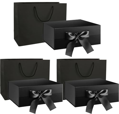 LOPYXBR 3er Set Geschenkbox mit Deckel 32x22x10 cm Geschenkbox Schwarz mit Geschenktüte & Band Magnetische Geschenkverpackung Box Geschenkkarton Schwarz für Hochzeiten, Weihnachten, Geburtstage