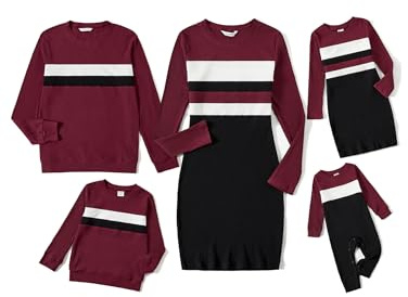 PATPAT Familien Outfit Set Langarm Herbst, Partnerlook Mutter Tochter Kleid Mutter Kind Kleider Mama Tochter Kleidung, einschließlich Partner Tshirt, einzigartigem Design, Rotwein, Mädchen: 6-7 Jahre