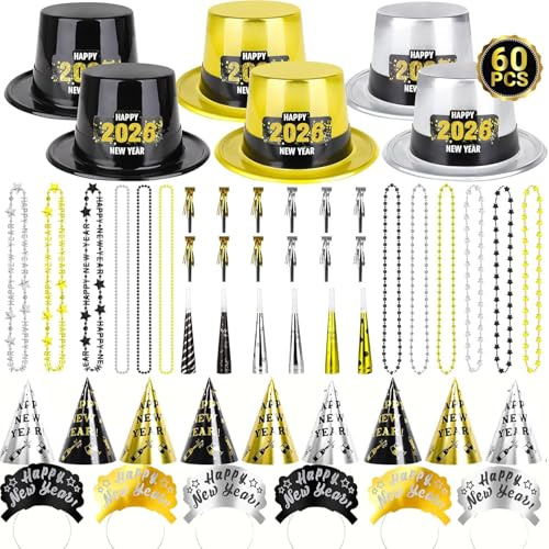 Bdecoll 60 Stück Silvester Deko 2026 Party Set, Schwarz Gold Silber Happy New Year Neujahr Partyhüte,Blowers,Silvester Partytröten für Neujahrdeko 2026 Party Accessoire