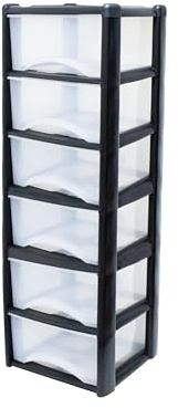 Neat. 6 Plastic Storage Drawers Unit with See-Through Drawers, Compact Vertical Design – Durable Plastic, Ideal for Organizing Office Crafts, and Household Items, 120cm x L39cm x W39cm - Black/Clear