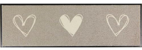 MOCAVI Mat Fußmatte Schuhparkplatz mit Rand Herzen beige 30x100 cm Schuh-Teppich lang, schmal, Schuhe ausziehen, Deko sbereich innen, außen, Matte, Haustür, Stiefelmatte