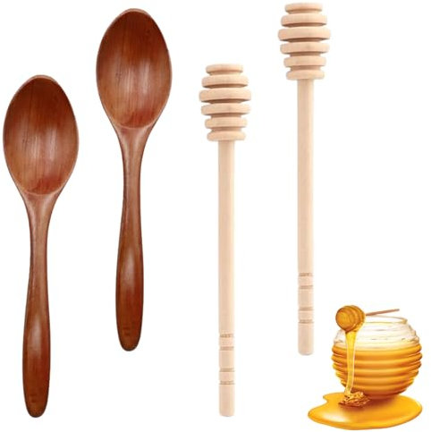Issimober 4 Stück Honigrührer Honiglöffel, 14 cm Honiglöffel aus Holz, 15 cm Honigheber Honigspirale Dosierer von Honig und Sirup tropf, Honigstab Rührstäbchen, Honigspirale Honey Sticks (2+2, Braun)