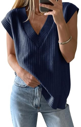 Saodimallsu Maglione da donna con scollo a V, oversize, senza maniche, leggero, estivo, elegante, Blu scuro, XL
