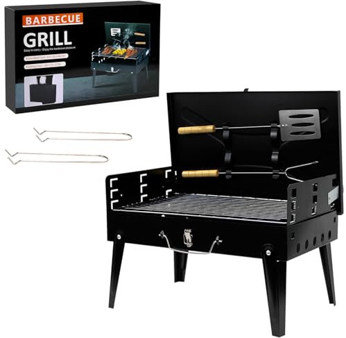 Crystals Portable Charcoal BBQ Grill – Compact Folding Stainless Steel Grill with Tool Set, Mini Travel BBQ for Camping, Garden, Picnic, and Outdoor Cooking – Lightweight and Durable – Black