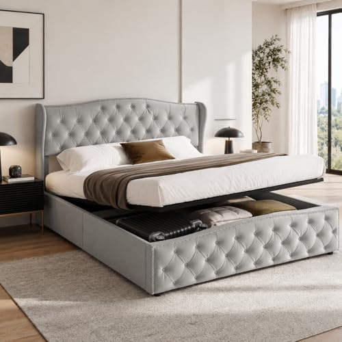 Fofetbfo Polsterbett 160x200, Doppelbett mit Bettkasten, Bubble Bett Jugendbett mit Lattenrost und Gepolstertes Kopfteil, Flachbett Gästebett, Leinen Beige,ohne Matratze (Grau C, 140x200 cm)