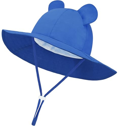DRESHOW Baby Solhatt Småbarn Solskydd Strandmössa med Björnöron Unisex Sommarhatt med Hakrem UPF 50+