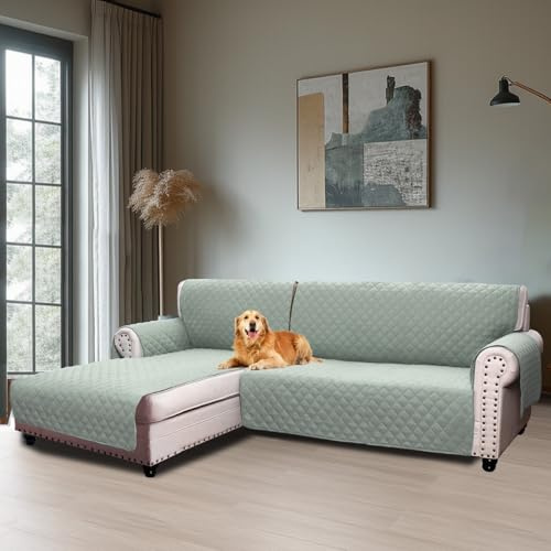 BellaHills Sofaüberzug Wasserabweisend rutschfeste Sofaüberwurf Abnehmbar mit Armlehnen Taschen und Gummiband Chaiselongue Linke (247CM) Grün