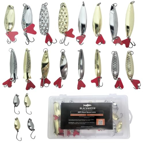 20 Pack Fishing Spoons Gold Silver Spinners Lure Trout Pike Salmon Saltwater Fresh Mackrel Pollock Sea Shiny Trebble Singlee Babrebed Hooks with Clear Storage Tackle Case Set