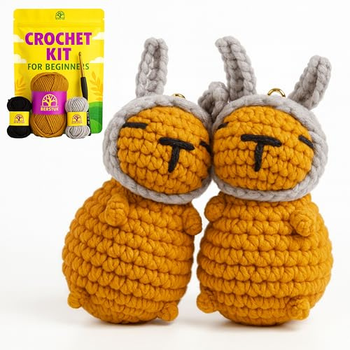 Hoppy Capybara Beginner Crochet Kit – Learn to Crochet Adorable Capybara with Bunny Ears – Complete Animal Crochet Kit with Yarn, Hook, Keychains & Tutorials – Cute DIY Gift for Adults & Teens