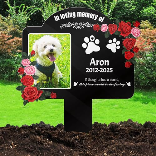 FCLYDER Personalisiert Grabstecker für Haustier, Personalisiertes Tier Grabkreuz mit Foto Gravur, Personalisierte Grabdeko Hund Katze, Wetterfest für Tiergrab Grab
