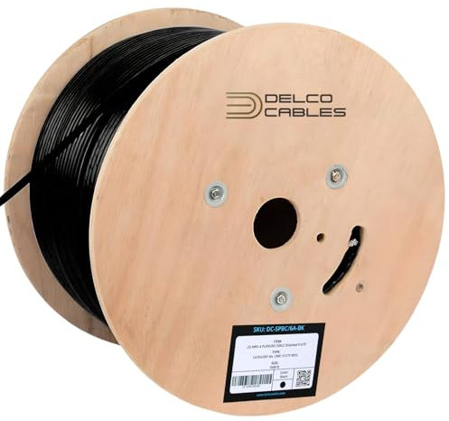 Cat6A Plenum Shielded Cable 1000ft | ETL Listed | F/UTP Shielded | 23AWG Solid Bare Copper | 550MHz High-Speed Ethernet | Wooden Reel | Fire Retardant CMP - Color Black