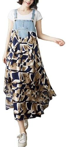 YOURNAME Abiti Lunghi Scamiciati da Donna, Eleganti Tute in Chiffon Svolazzanti, Abiti Boho Floreali, Jeans Casual in Denim, Salopette con Bretelle, Gonna Lunga, Abito Stampato Blu-Marrone XL