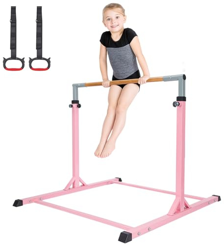 M.J COMFY-LIFE Gymnastics Bar for Kids with Rings – Height Adjustable (13 Levels) – Safe & Stable Gym Bar for Home, Outdoor & Indoor Training – Ideal for Kids