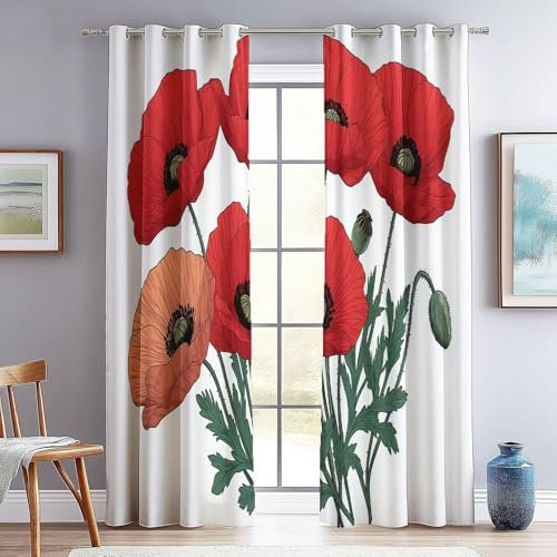 Tende Oscuranti Scorrevoli per Interni 117 L x 229 A cm (2 Pannelli), Floreale Papavero Arte Digitale Tema Poliestere Tende con Occhielli Termiche Isolanti per Soggiorno Camera da Letto, Rosso