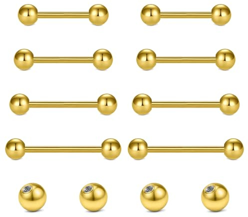 Briana Williams 8pcs Tongue Bars Nipple Ring and 4pcs Replacement Balls, 14G Stainless Steel Metal Straight Barbell Piercing Jewellery Gold 12/14/16/18mm