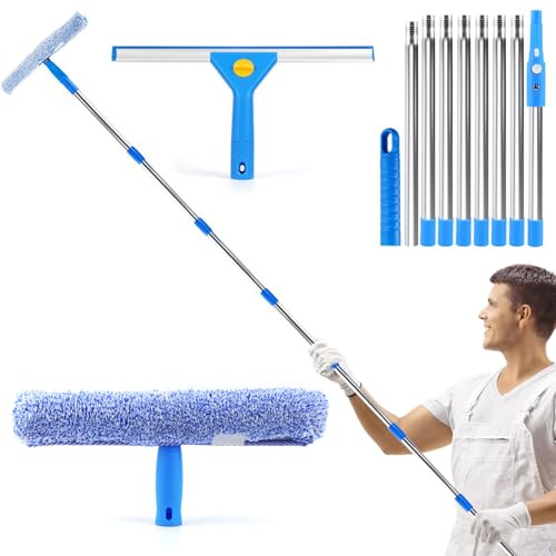 Qcdou - Rasqueta de cristal profesional con 3 m telescópica, mango para lavavajillas, limpiador de cristales con espátula de silicona y cepillo de microfibra, kit de limpieza de cristales para baño