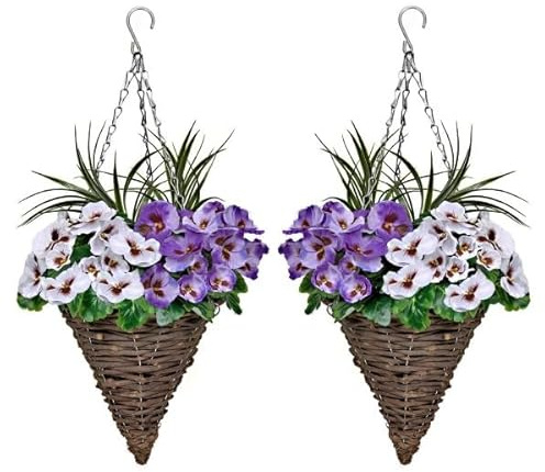 2 x Cone Shaped Hanging Baskets with Purple & White Flowers and Decorative Grasses (Set of 2)