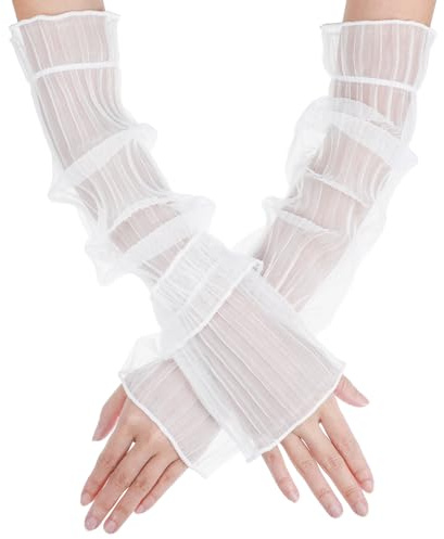 Telooco Long White Wedding Gloves Sheer Long Tulle Sleeves Sheer Mesh Bridal Fingerless Gloves for Women Wedding Bridal Dance Party (White)