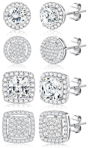 Dochais 4 Paires Boucles d'Oreilles Argent 925 Homme Femme Hypoallergéniques Lot Boucles d'Oreilles Zircon Cubique Plaqué Or 14K Ronde Carrée Brillant Grand Diamant Boucle d Oreilles Hommes Femmes