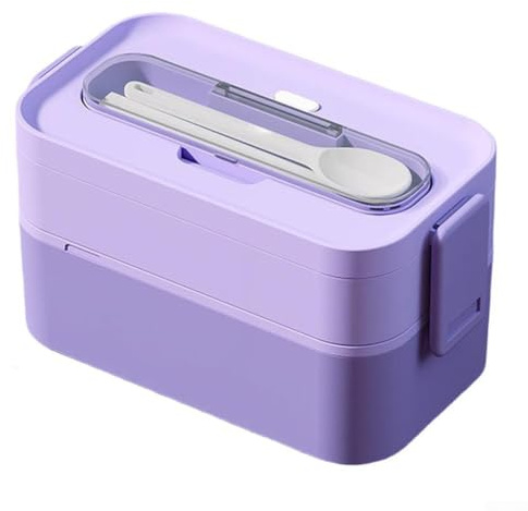 BlesConi Lonchera apilable de 2 capas a prueba de fugas para adultos, con tenedor y cuchara, apta para microondas y lavavajillas, para viajes de trabajo