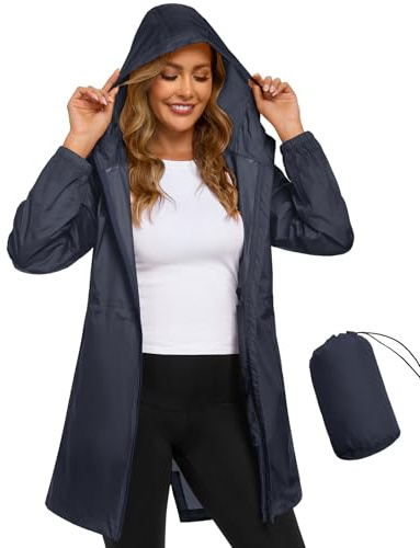 CMTOP Giacca Impermeabile Donna Cappotto Leggero e Ripiegabile Giacche Antipioggia Con Cappuccio Trench Sottile e Portatile Rain Jacket Primavera Estate per Viaggi e Ciclismo(Blu Navy, L)