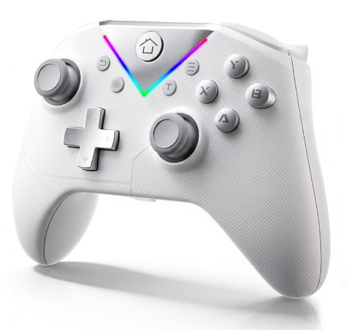 Wireless PC Controller, Bluetooth Game Controller with Hall Effect Joysticks, RGB Lights, Dual Vibration, Turbo, 6-Axis Motion Control, Gamepad for PC, Switch 2, Switch, Android and iOS (White & Grey)