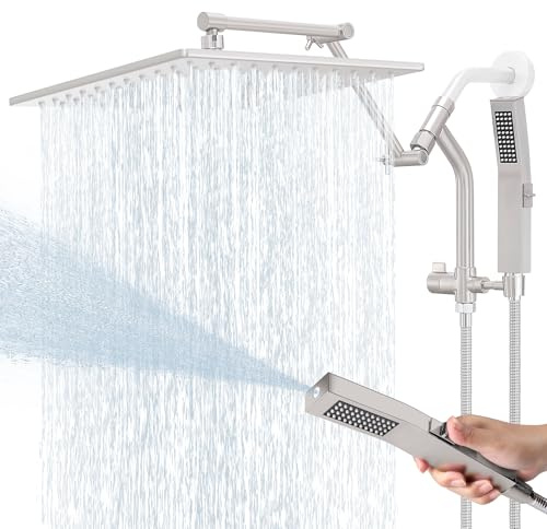 All Metal 12 Inch Rain Shower Head with Handheld Built-in Power Wash Mode, High Pressure Waterfall Rainfall Square Shower Heads with 16 Adjustable Extension Arm, Dual Showerhead(Brushed Nickel)