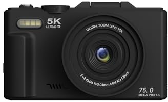 Fotocamera compatta digitale 5K 75MP con WIFI, scheda da 32 GB, zoom 18x, schermo LCD Flip a 180°, ideale per viaggi e vlogging