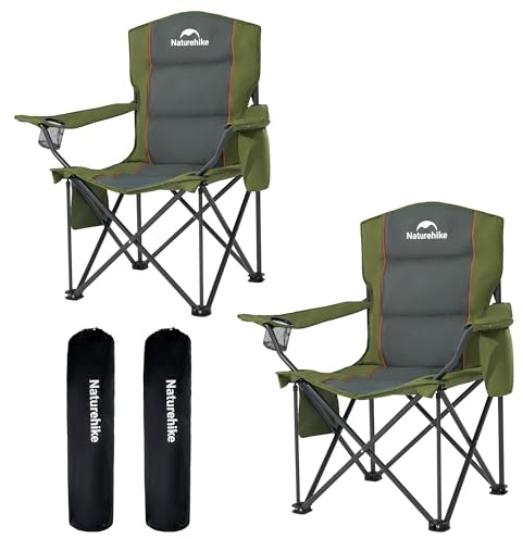 Naturehike 2 Pack ComfortMax Camping Chairs with Padded Seat, Cup Holder and Side Pocket, Portable Folding Chairs Supports 120kg/265lbs(Green)