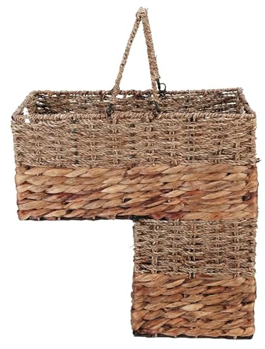L-Shaped Stair Basket with Carry Handles, Stair-Step Organizer for One-Trip Pick-Up, Handwoven Seagrass & Water Hyacinth, Reinforced Metal Frame, 16.1 H x 16.1 L x 10 W