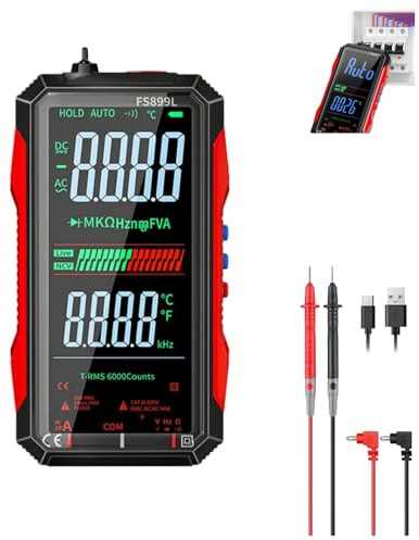 FS899L Digital Multimeter True RMS 6000 Counts, AC/DC Voltage Tester, USB-C Port Current Capacitance Resistance Meter, Large Backlit Display Multimeter, Portable Multi Tester (with Instruction)